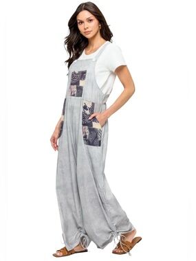 New Floral Mandala Patchwork Grey Adjustable Drawstring Hem Overalls/Jumpsuit